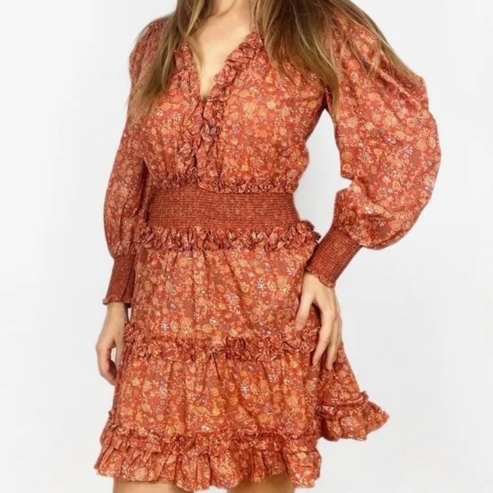 HOUSE of HARLOW 1960 Rust Orange Floral Print Smocked Ruffle Mini Dress